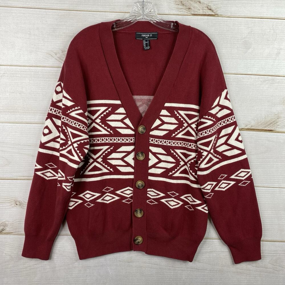 Forever 21 Cardigan Mens L Burgundy Aztec Southwestern Button Up Grandpa V Neck